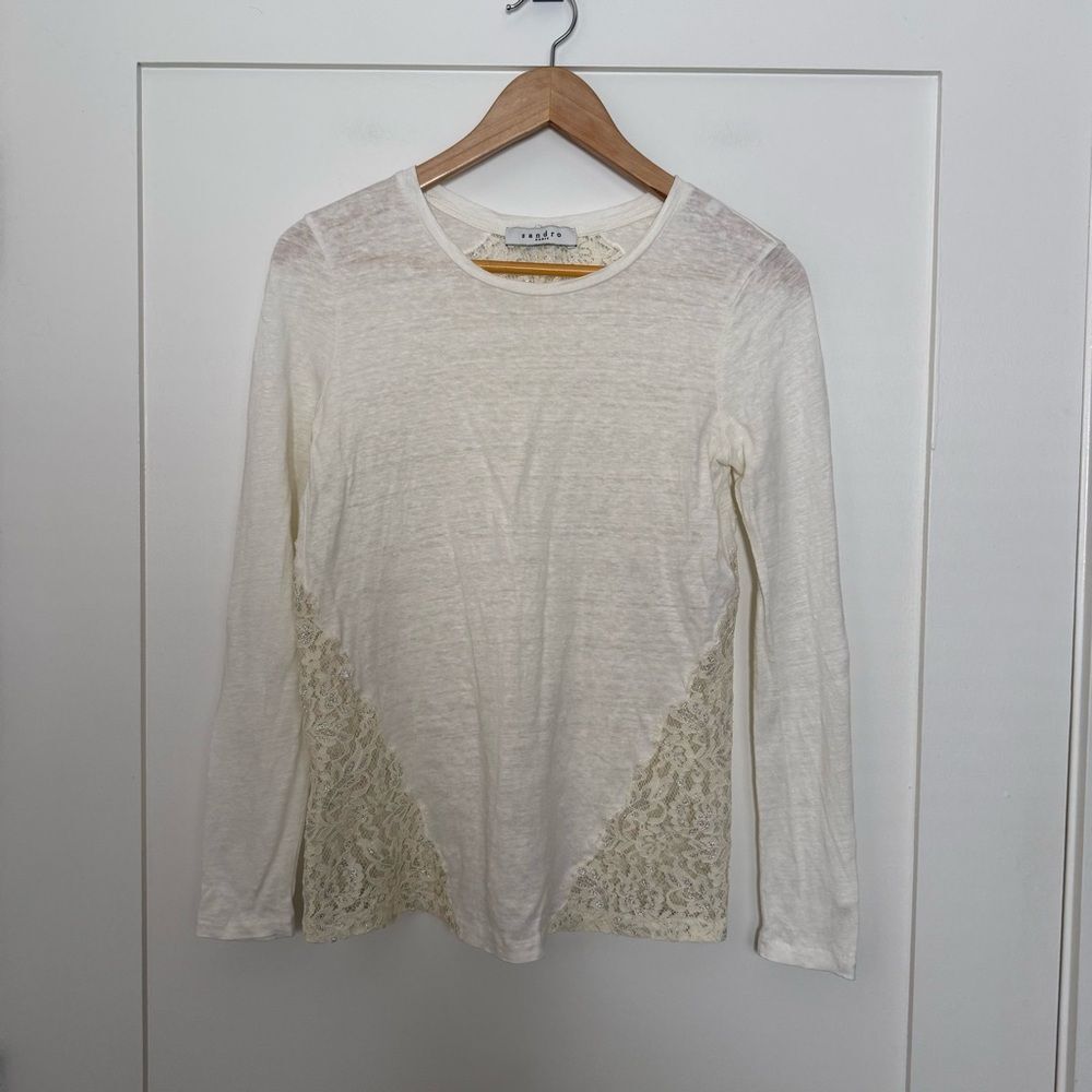 Sandro Top Womens Sz 1 Ivory Lace Back Linen Long Sleeve Boho Festival Romantic